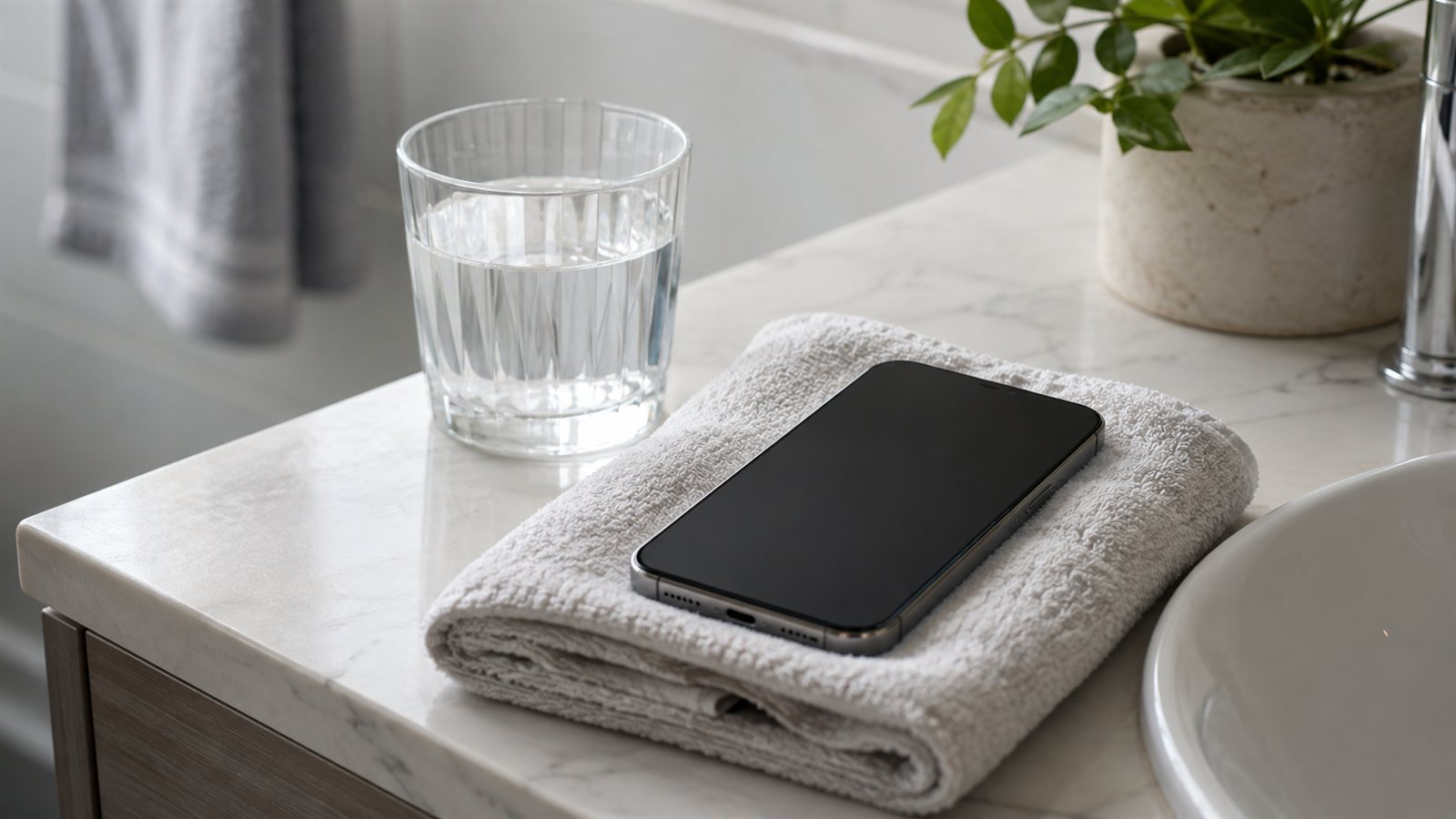 Telefon suya dustu: banyo tezgahinda havlu uzerinde telefon ve su bardagi