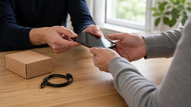 Telefonu satmadan önce elden teslim anı: telefonu karşı tarafa uzatan eller