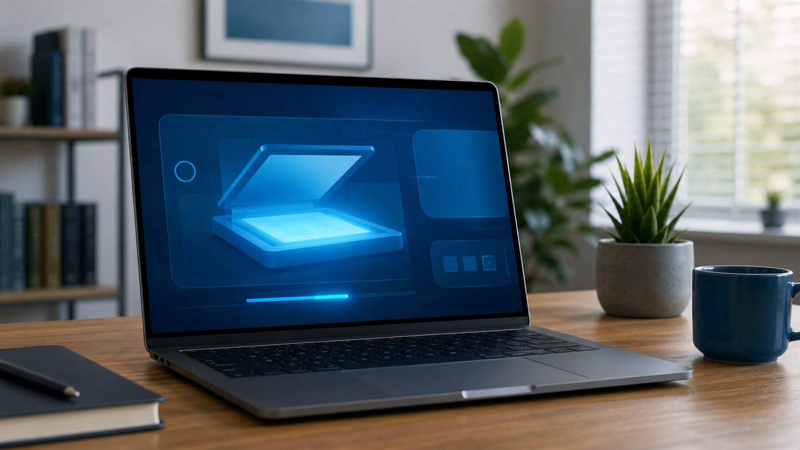 Masaustunde acik laptop ekraninda mavi tarama arayuzu