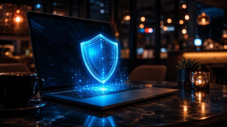 VPN nedir sorusunu anlatan kafede korumalı bağlantı kuran dizüstü bilgisayar
