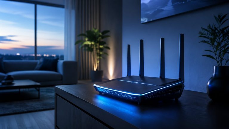 Wi-Fi 7 destekli modern modem salonda rafta
