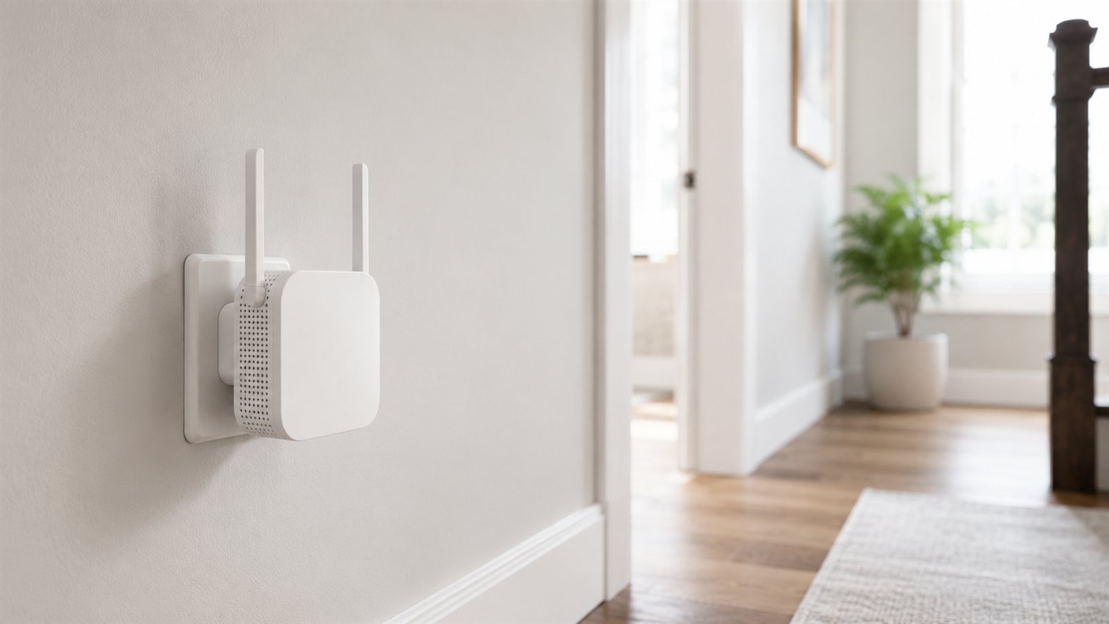 Duvar prizine takili beyaz Wi-Fi guclendirici cihazi