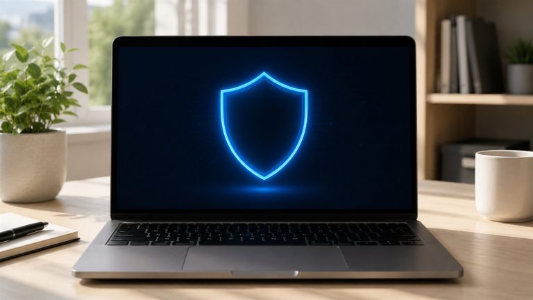 Windows Defender korumasi acik laptop ekraninda mavi kalkan simgesi