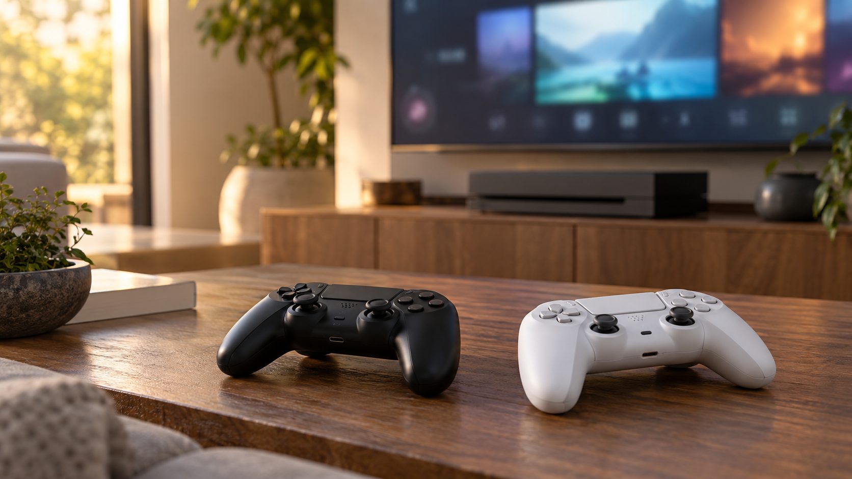 Two controllers on a coffee table in front of a game console, ready to check which user each is assigned to
