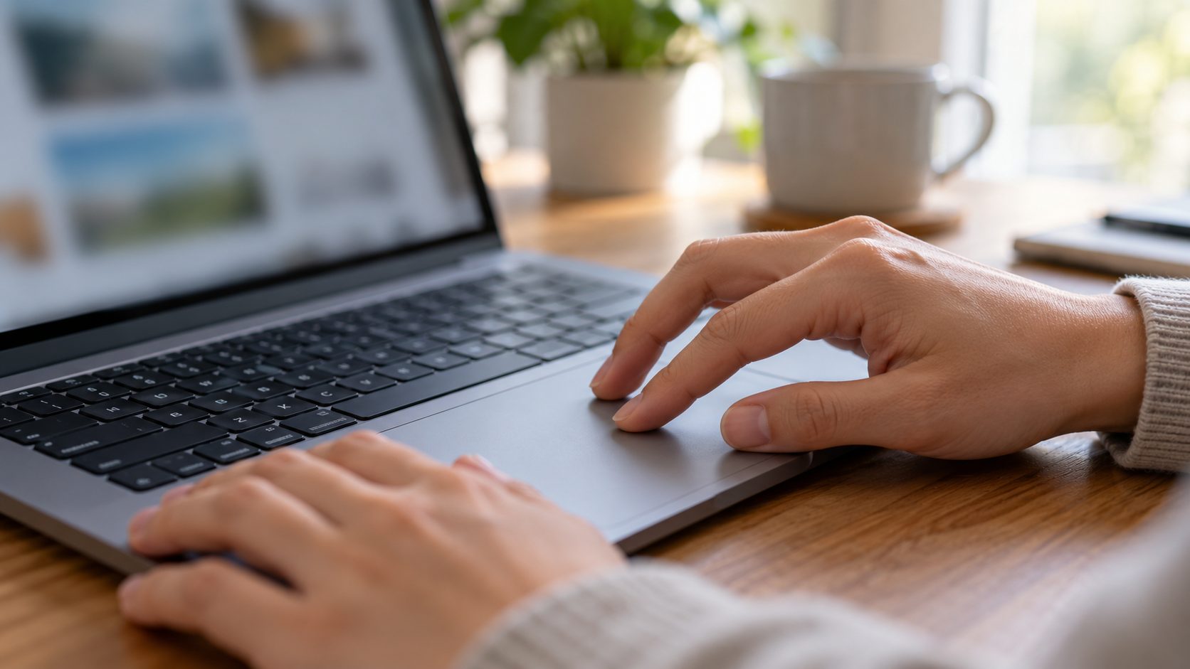 Two fingers making a pinch gesture on a laptop touchpad, a common cause of a screen zooming in and out