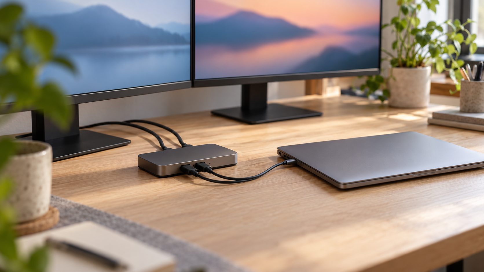 USB-C docking station connecting a laptop to two external monitors