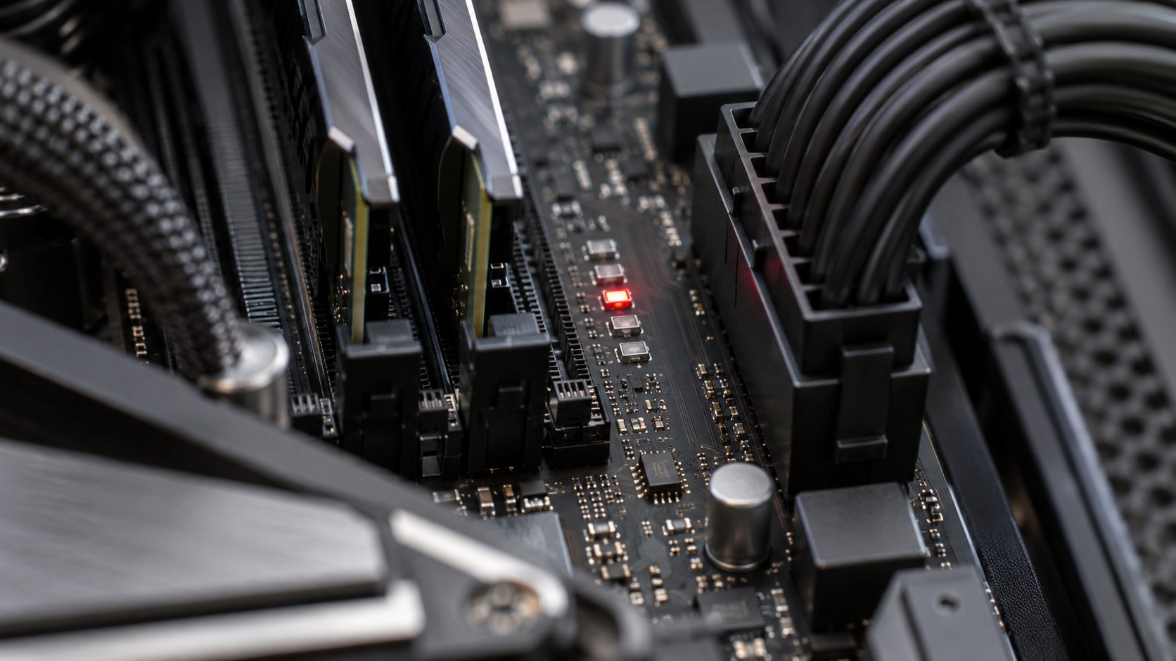 Motherboard diagnostic LEDs beside the memory slots, with one LED lit where startup stopped