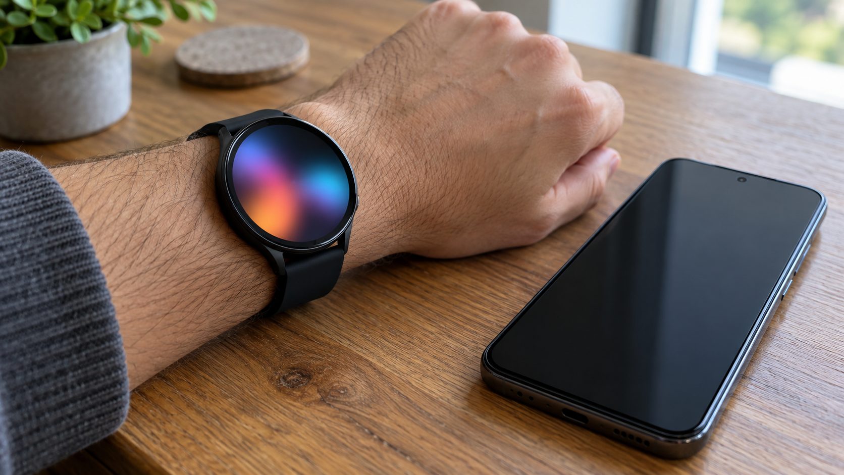 A smartwatch on the wrist beside a locked phone, which sends notifications to the watch instead of vibrating
