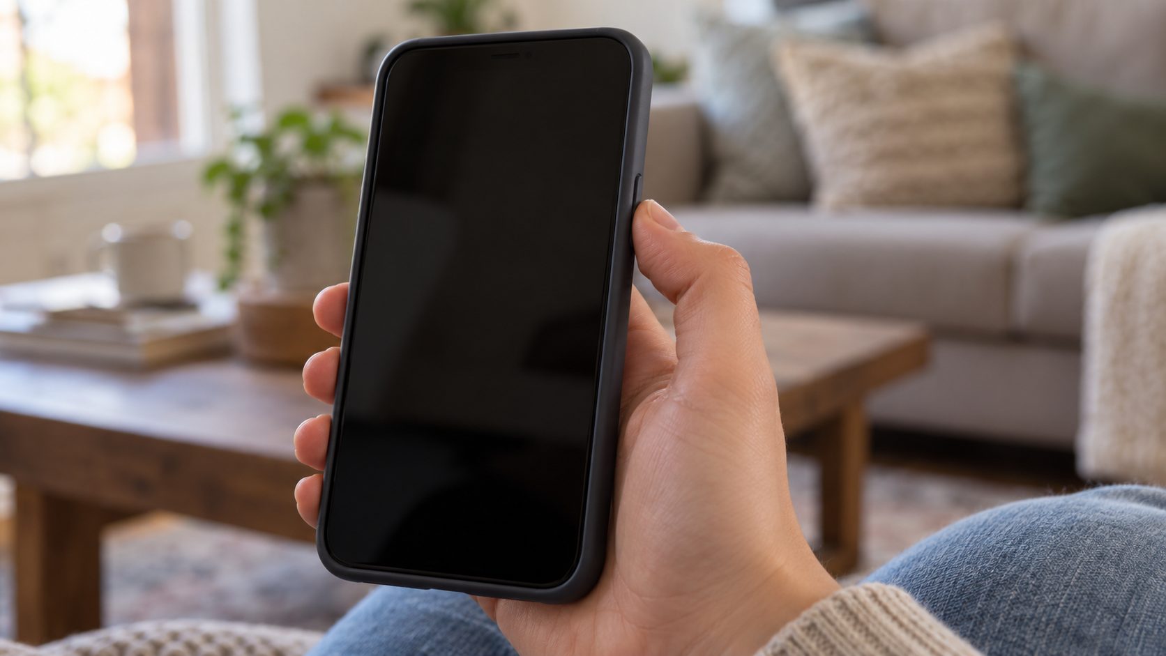 Thumb on a phone's side button, where a triple-click can switch Zoom back on
