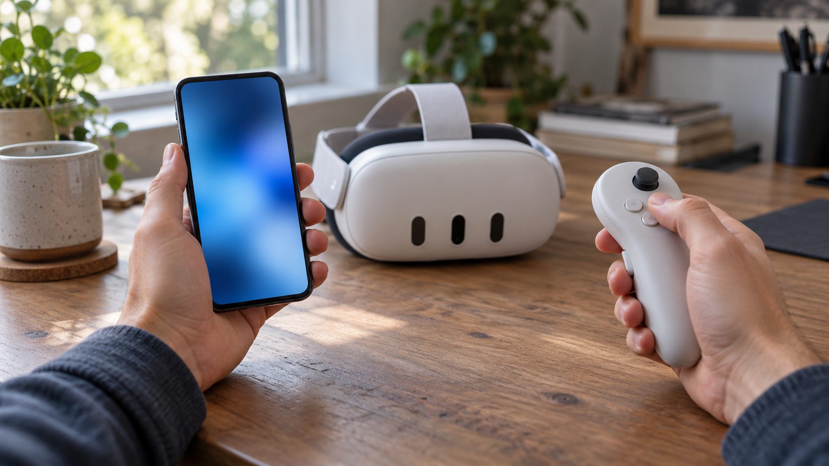 Holding a VR controller's pairing buttons while the phone app pairs it with the headset on the desk