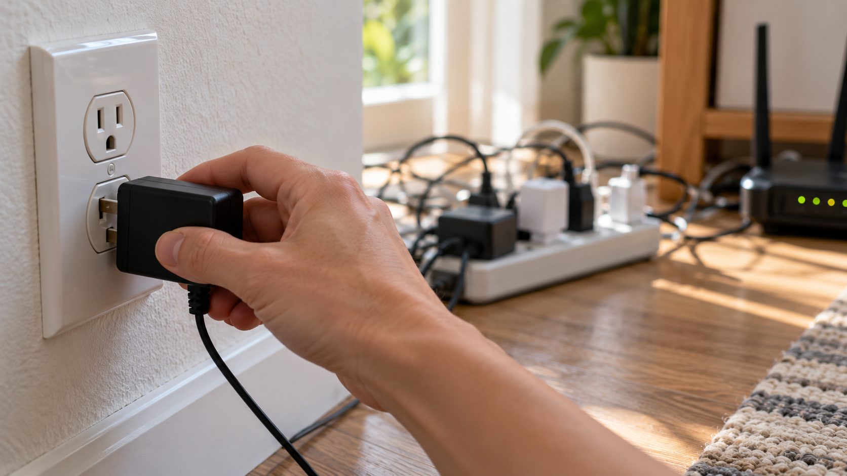 Plugging a router's power adapter straight into a wall outlet instead of a crowded power strip