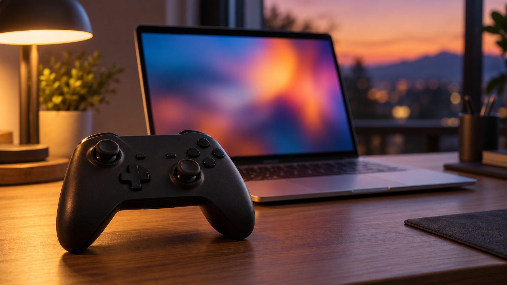 Older laptop beside blank game cases, since many older 32-bit games no longer run on macOS