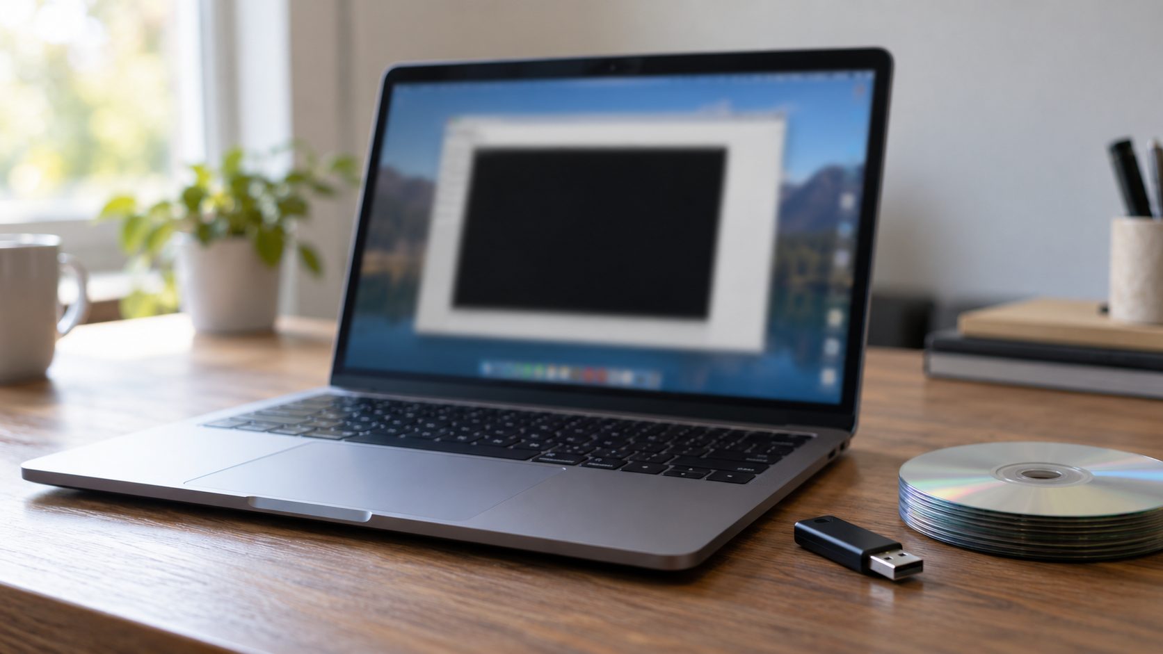 Laptop showing a virtual machine window stuck on a black boot screen, with a USB stick and blank discs beside it